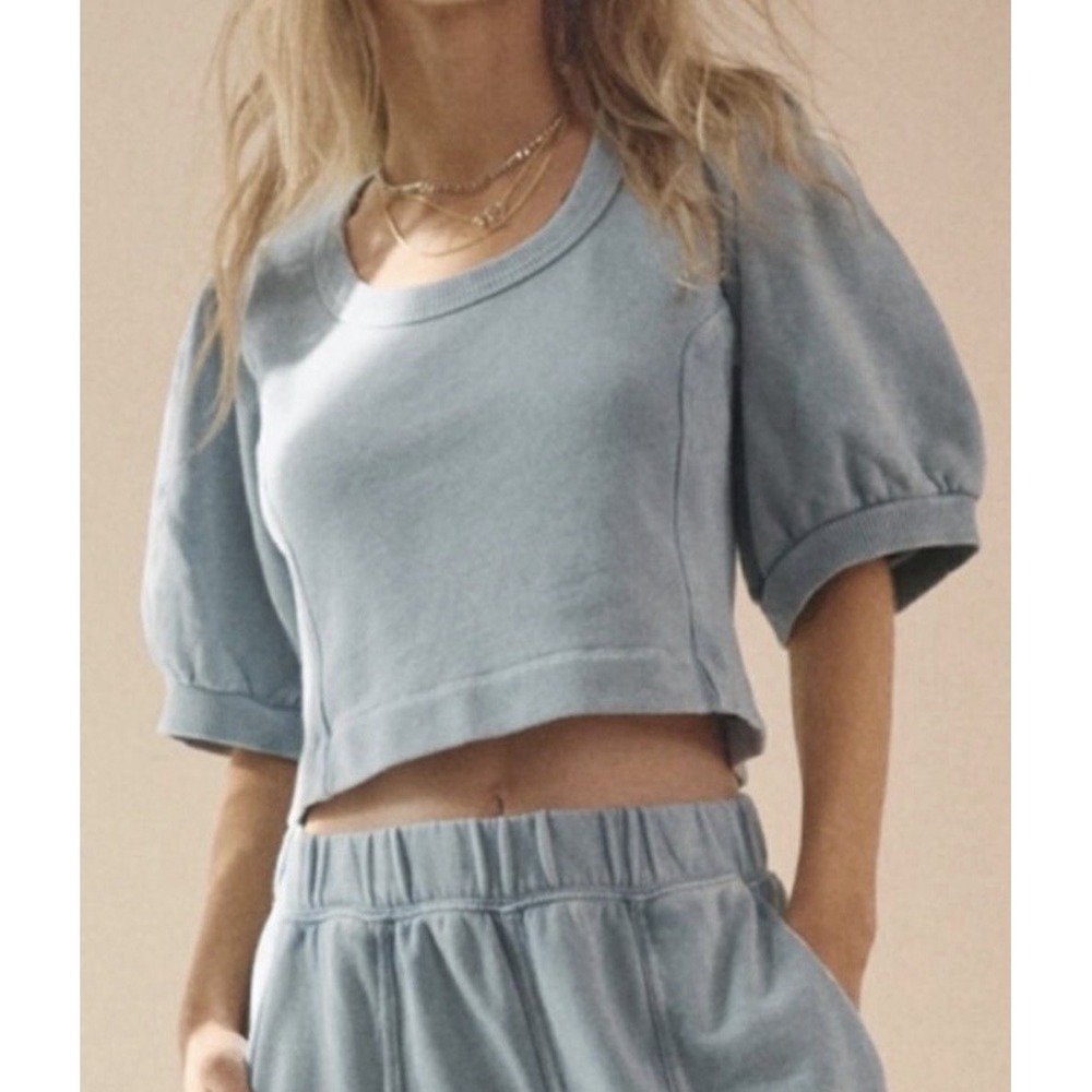 AERIE Seams Right Short Puff Sleeve Sweatshirt Cropped Blue Cloud Women XL NWT